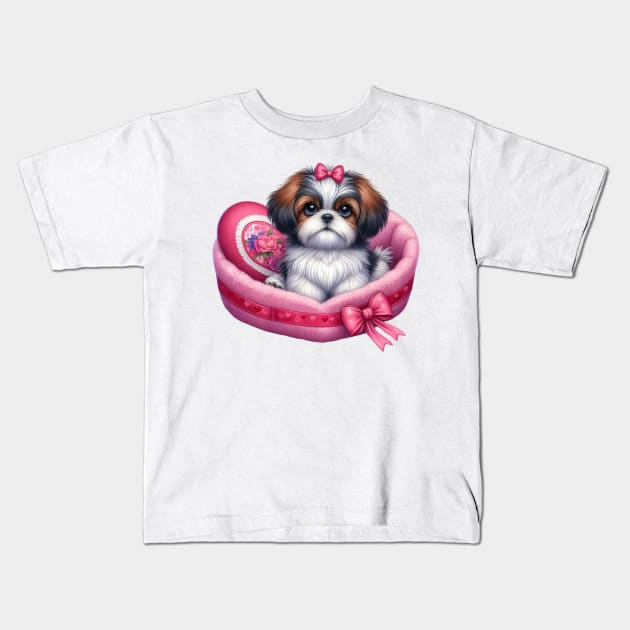 Valentine Shih Tzu Dog in Bed Kids T-Shirt by Chromatic Fusion Studio